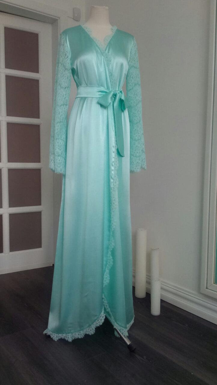 Hochzeit - Long Silk Bridal Robe with Lace Sleeves  F6, Bridal Lingerie, Wedding Lingerie, Honeymoon, Sleepwear,Wedding,  For Her, Woman