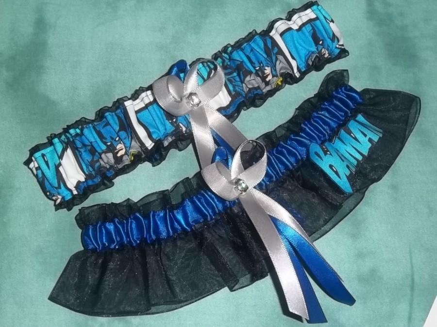 Hochzeit - NEW Handmade wedding garters keepsake and toss BATMAN wedding garter set on black