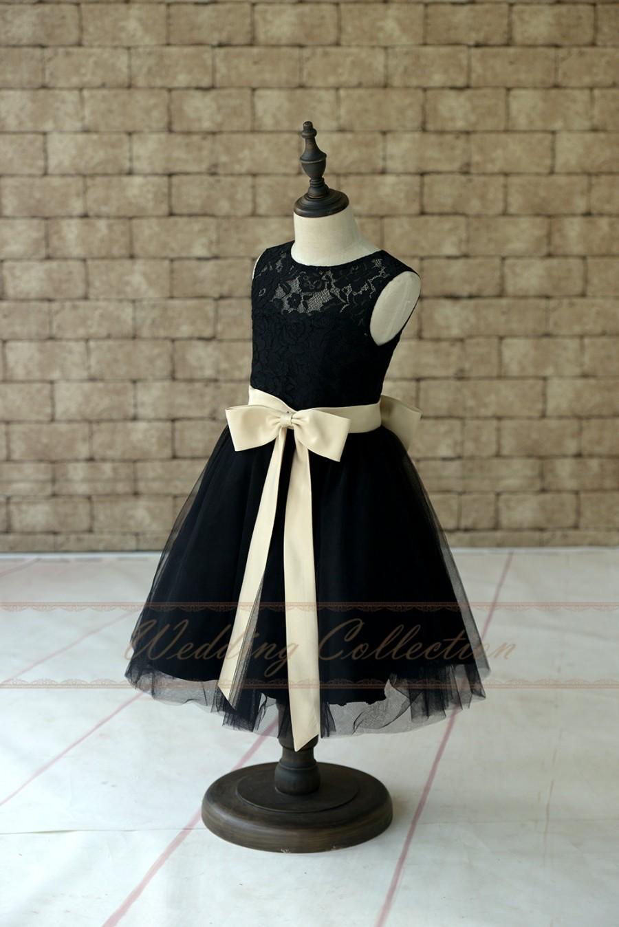 Mariage - Black Lace Tulle Flower Girl Dress With Champagne Sash and Bow
