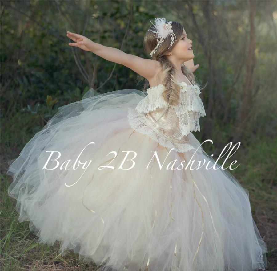 Wedding - Vintage Wedding Lace Flower Girl  Dress  Blended Blush Dress Couture Tulle Dress All Sizes Girls