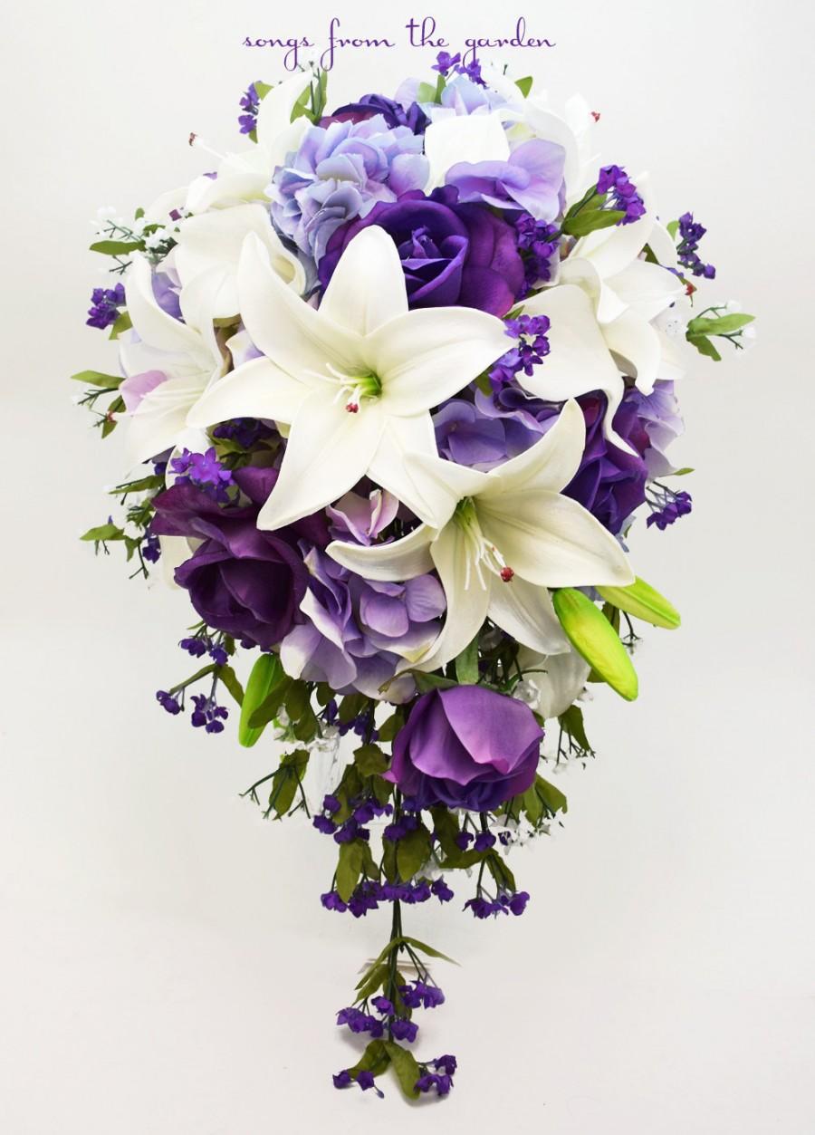 Wedding - Cascade Bridal Bouquet with Real Touch Purple Roses, Real Touch Lilies, Silk Lavender Hydrangea - Customize for your colors