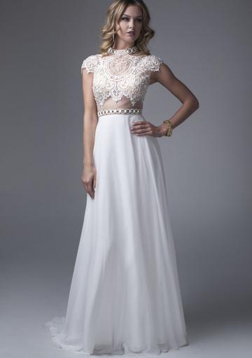 Mariage - Zipper Ruched High-neck Sweep Train Appliques A-line White Chiffon Sleeveless