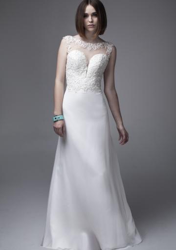 Mariage - Zipper Ruched Sweep Train Appliques White Chiffon A-line Straps Sleeveless