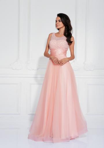 Mariage - Appliques V-back Chiffon Scoop Ruched Zipper A-line Sleeveless Pink Floor Length
