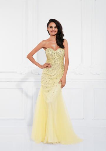 Mariage - Ruched Mermaid Sweetheart Yellow Crystals Zipper Tulle Sleeveless Floor Length