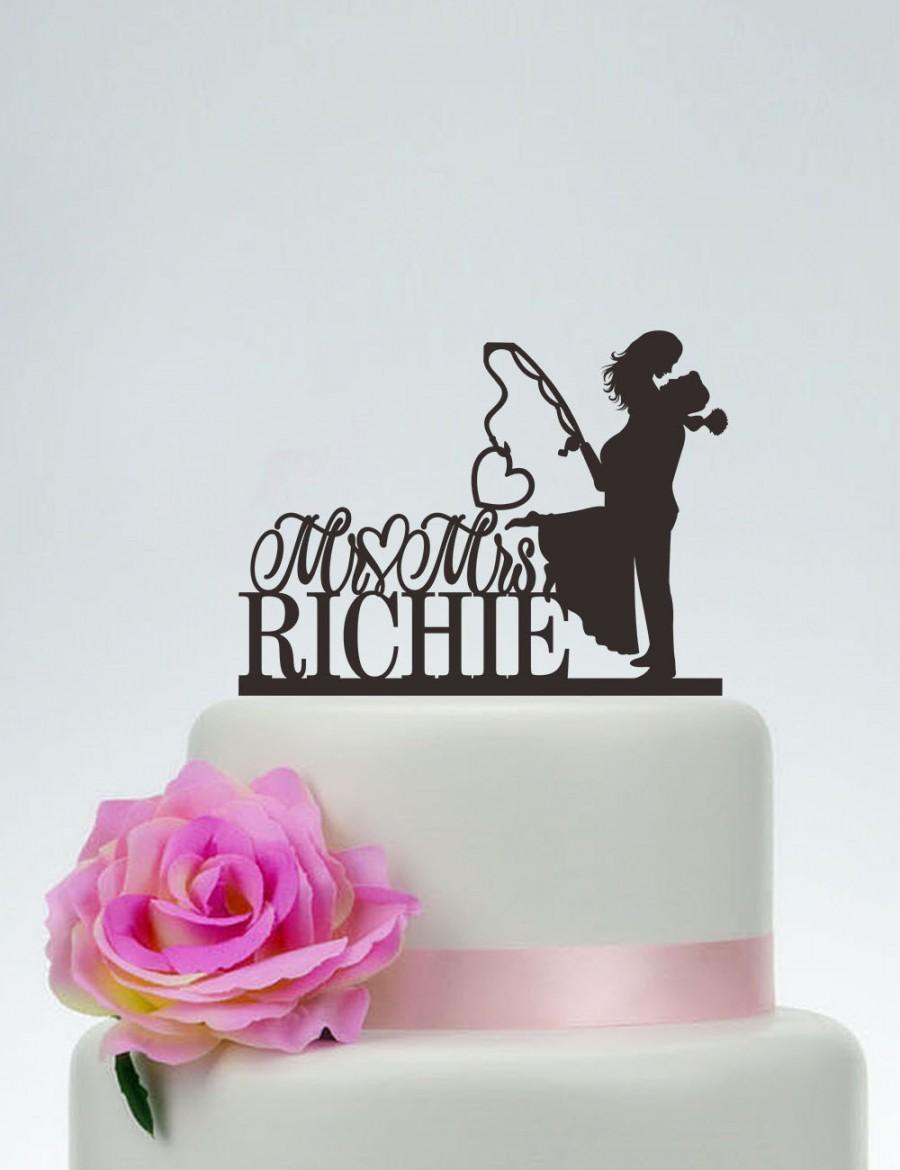 Wedding - Funny Cake Topper,Wedding Cake Topper,Mr and Mrs Cake Topper With Surname,Heart Topper,Custom Cake Topper,Hooked on Love  C131