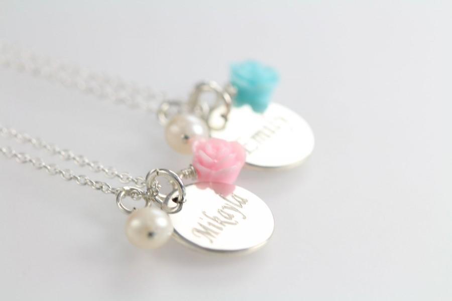 زفاف - Flower Girl Gift, Flower Charm Necklace, Personalized Flower Girl Name Jewelry, 925 Sterling Silver