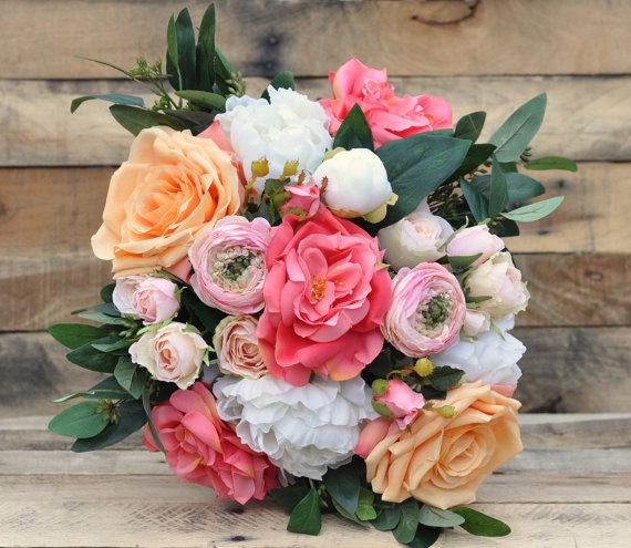 زفاف - Coral And Peach Bouquet, Loose Bouquet, Wedding Bouquet, Rose Bouquet, Keepsake Bouquet By Holly's Wedding Flowers