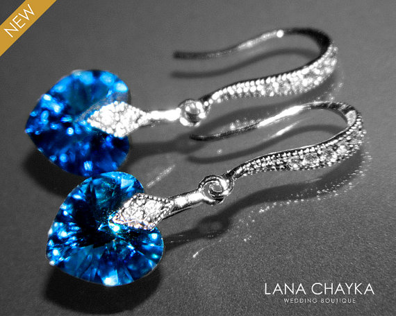 Hochzeit - Bermuda Blue Heart Crystal Earrings Peacock CZ Silver Small Earrings Blue Heart Earrings Swarovski Bermuda Blue Wedding Earring Bridesmaids