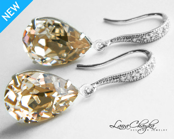 Mariage - Champagne Crystal Earrings Bridesmaid Teardrop Rhinestone Earrings Swarovski Light Silk Earrings Champagne Silver CZ Earring Wedding Jewelry