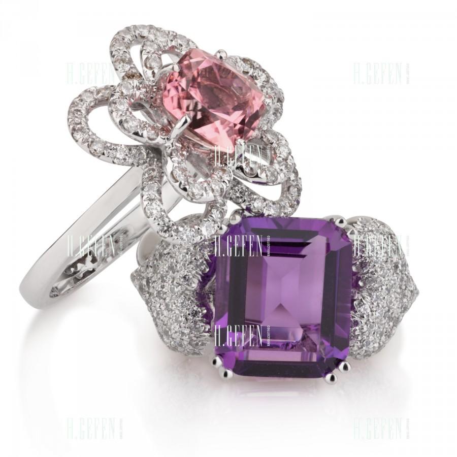 زفاف - Genuine amethyst ring/Amethyst and diamonds Ring/Amethyst ring 14K gold/Emerald cut ring/Diamond ring/promise rings/PAVE DIAMOND HEARTS