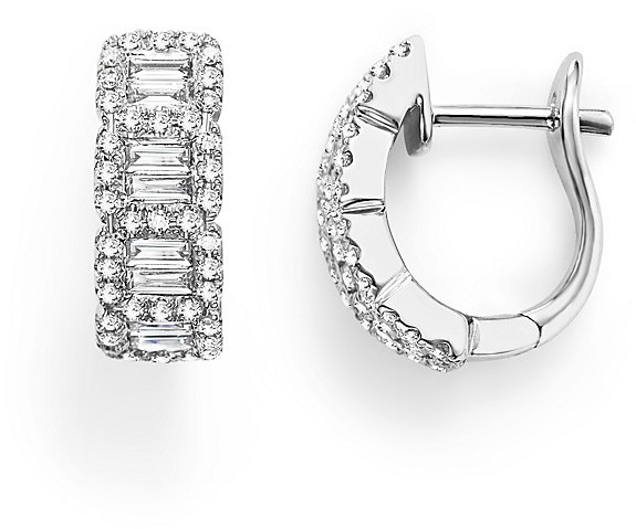 Hochzeit - Round and Baguette Diamond Huggie Earrings in 14K White Gold, .75 ct. t.w.