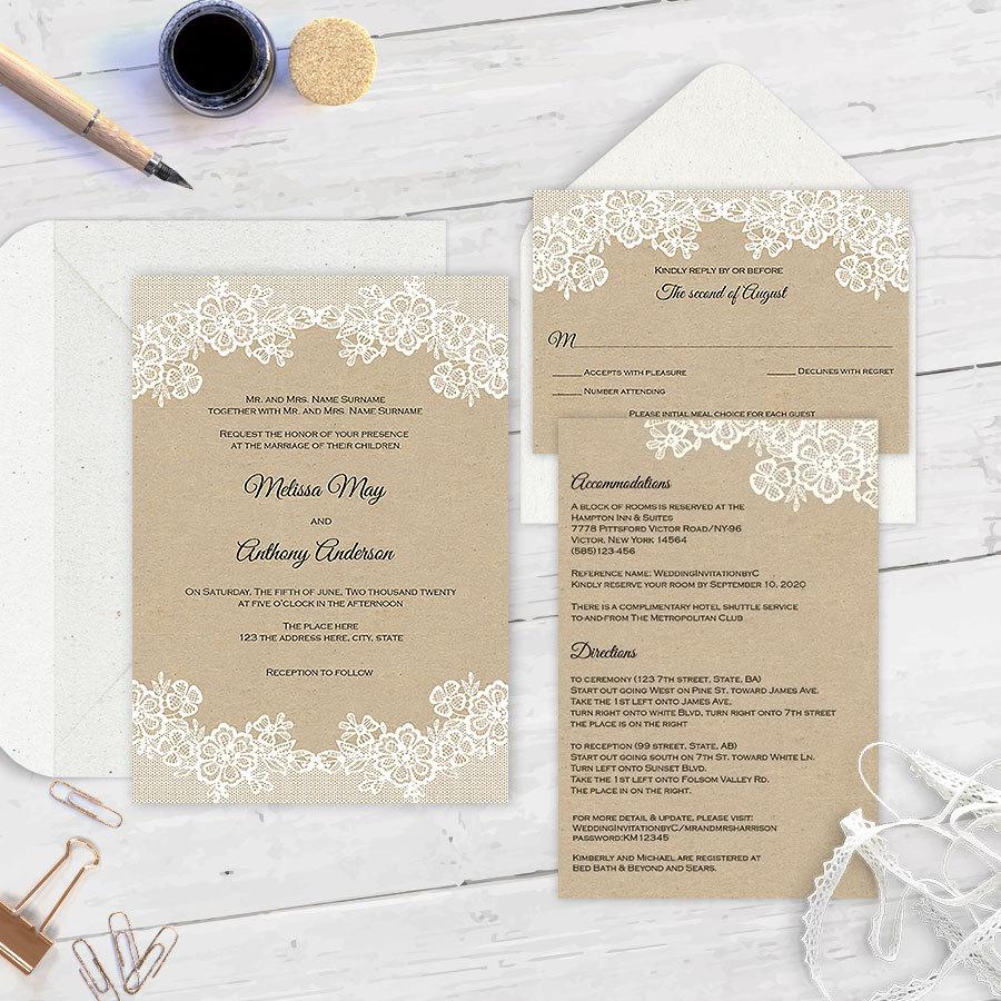 Свадьба - Rustic lace wedding invitation suite 