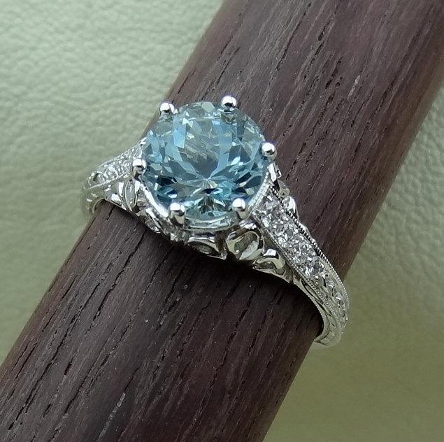 Wedding - Vintage / Antique Style Natural Light Blue Aquamarine with Diamonds Engraved Carved Filigree Engagement Ring 18k White Gold
