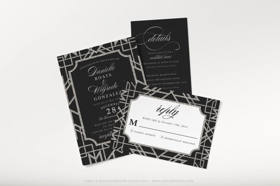 Hochzeit - Silver Glitter Wedding Invitation Set, Elegant Wedding Invitation Suite With Invite, RSVP and Detail Card, Black Tie or Winter Wedding