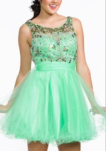 Mariage - Ruched Short Length Tulle Crystals Scoop Pink V-back Sleeveless Green