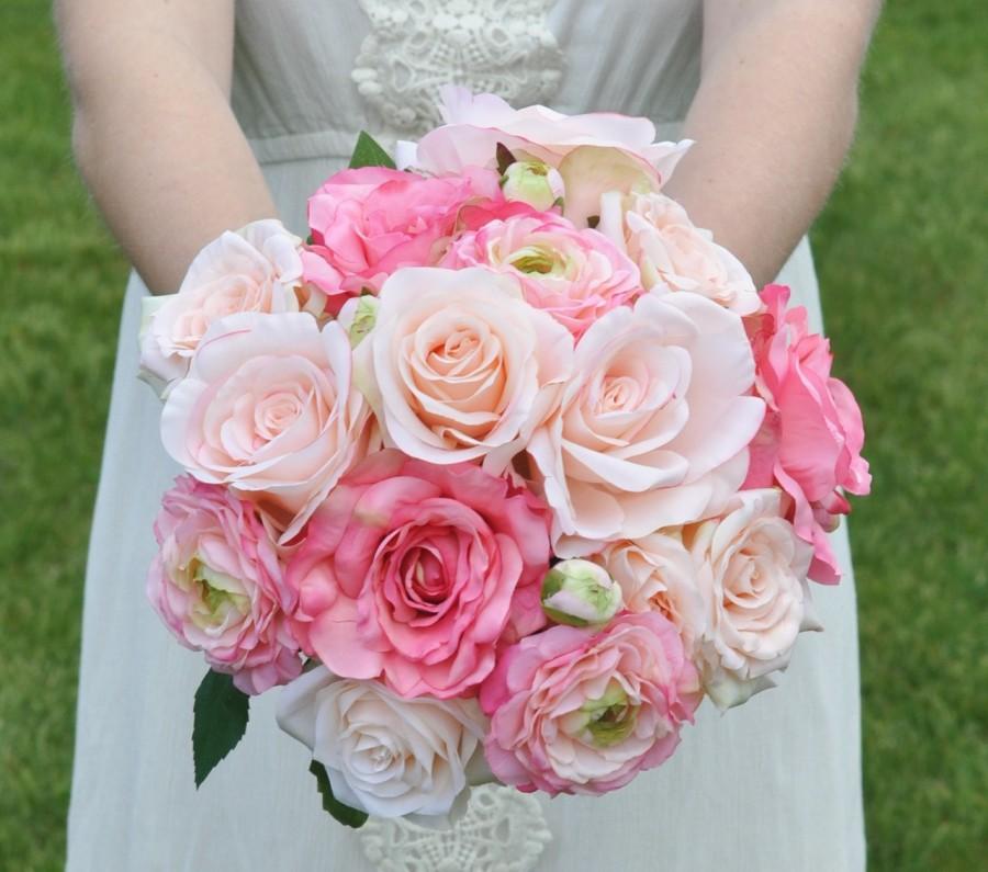 Hochzeit - Wedding Flowers, Country Wedding, Destination Wedding, Keepsake, Coral and Peach Rose and Ranunculus Silk Flower Bouquet.