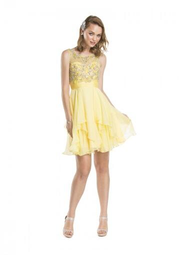Mariage - Ruched Chiffon Yellow Red Blue Short Length Crystals Scoop V-back