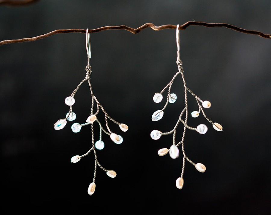 زفاف - 632_Silver earrings, Tree branch earrings, Twig jewelry, Crystal earrings, Pearl earrings, Handmade earrings, Big earrings, Wedding earrings