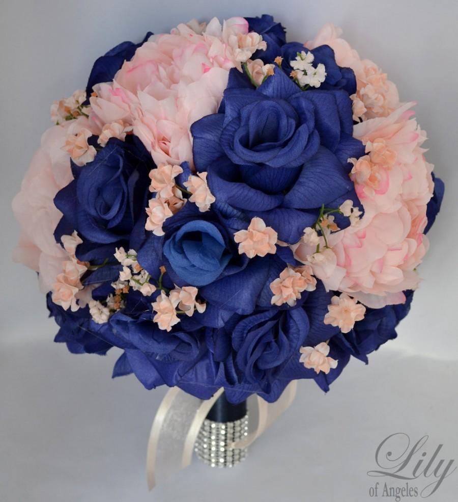 17 piece package Wedding Bouquets Bridal Silk Flower Light PINK Navy Blue SILVER 