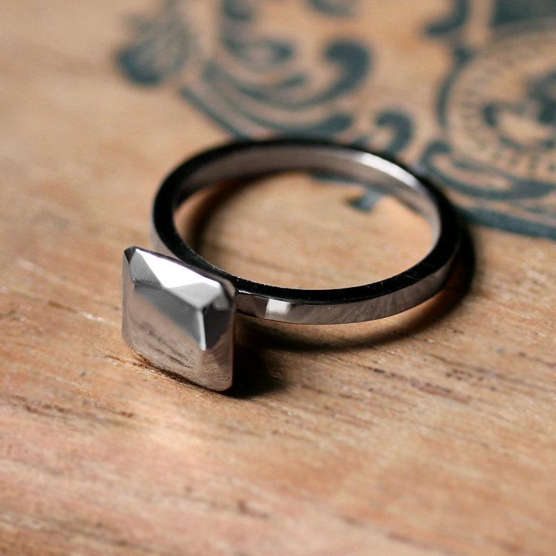 زفاف - White gold engagement ring, modern engagement ring, non diamond engagement ring, Asscher cut ring, ascher cut faceted metal gem, custom made