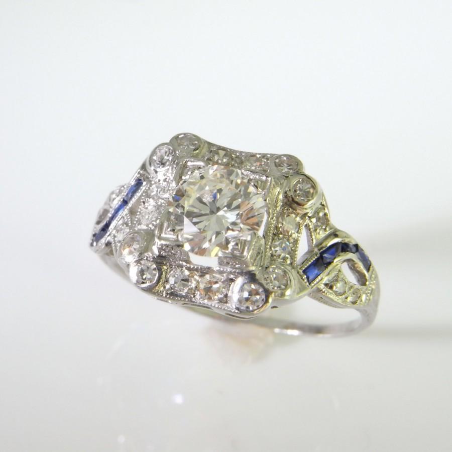 Wedding - Art Deco Diamond Ring 1920s Engagement Ring Art Deco Engagement Ring Old European Cut Ring Sapphire Engagement Ring Platinum Diamond Ring