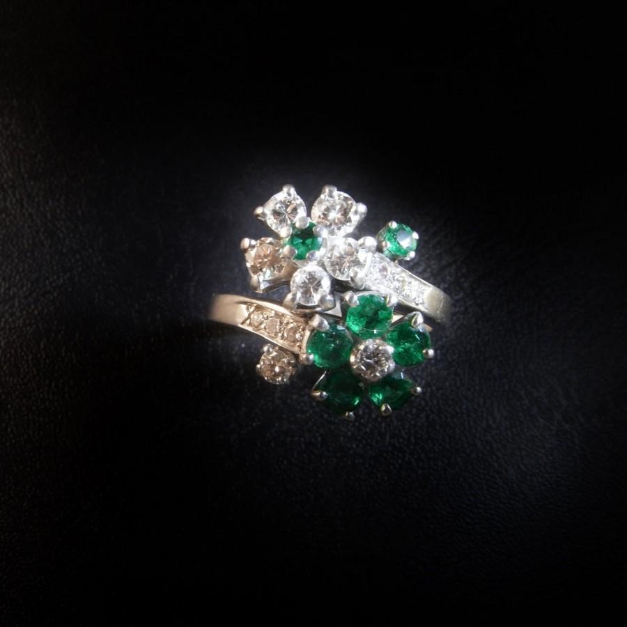 Hochzeit - 1920s Emerald Engagement Ring Art Deco Engagement Ring Floral Toi et Moi Engagement Ring Art Deco Emerald Diamond Ring Wedding Ring
