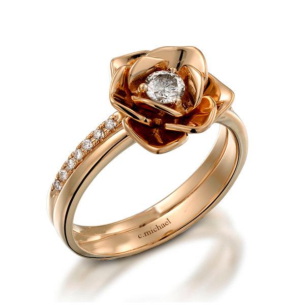Hochzeit - Engagement Ring, Diamond ring, 14k Rose Gold Ring, Floral Ring, Flower ring, Art deco Ring, Anniversary ring, Promise Ring, rose ring