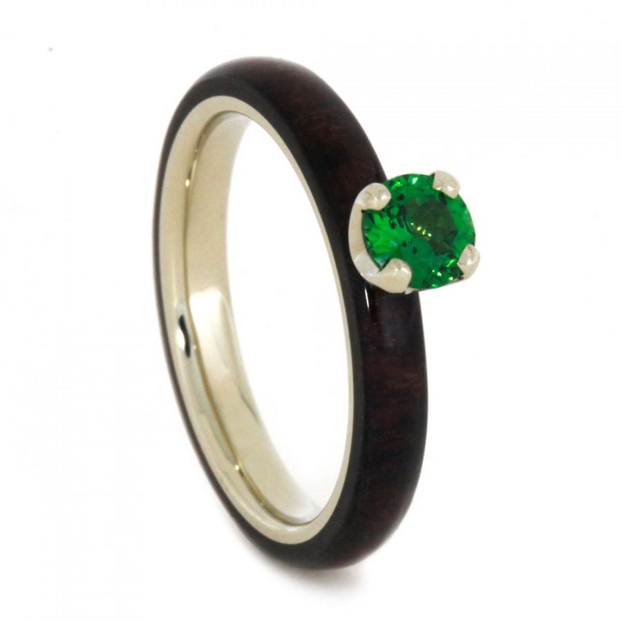زفاف - 14k White Gold Solitaire Engagement Ring With Bolivian Rosewood, Genuine Tsavorite Garnet Ring, Unique Engagement Ring