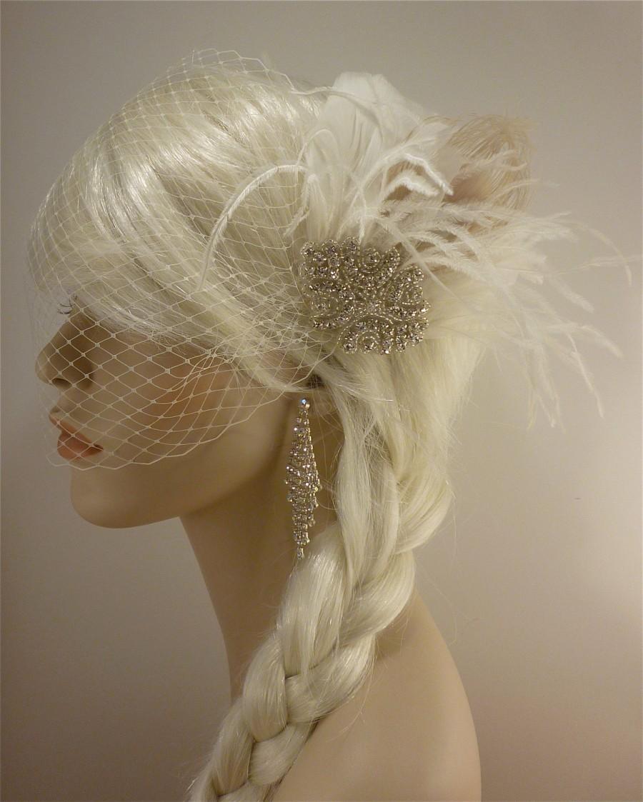 زفاف - Wedding Fascinator, Feather Fascinator , Wedding Veil, Bridal Headpiece, Rhinestone Hair Clip, Hollywood Bride