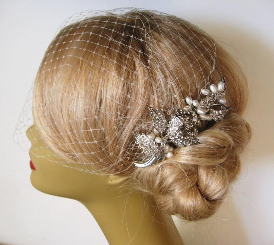 Wedding - Bridal Hair Comb and a Birdcage Veil   2 Items,bird cage veil bridal veil, Natural Freshwater Pearl Headpieces Blusher Birdcage Veil Wedding