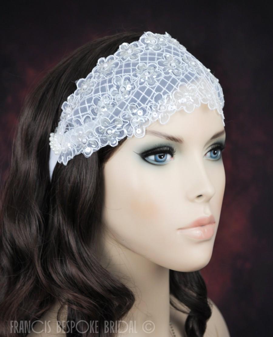 Hochzeit - wedding white lace bridal hairband, boho,  juliet cap band, bohemian bridal hair ribbon, made in Florida