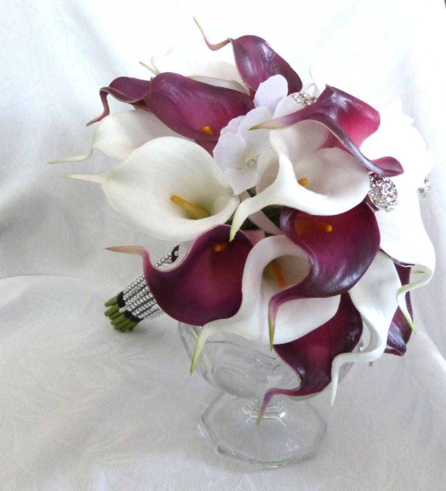 Hochzeit - Calla lily bridal bouquet Plum eggplant and white mini real touch calla lily Wedding bouquet set