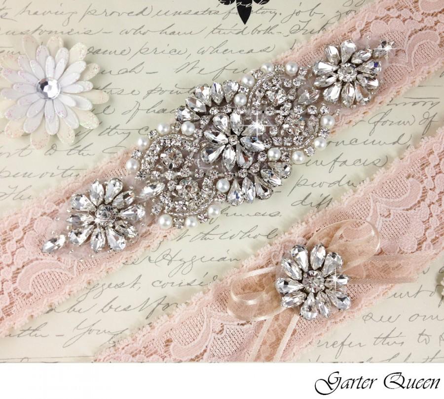 Hochzeit - Blush Lace Garter Set, Lace Wedding Garter Set, Bridal Garter Set, Rhinestone Garter, Crystal garter, Lace Bridal Garter