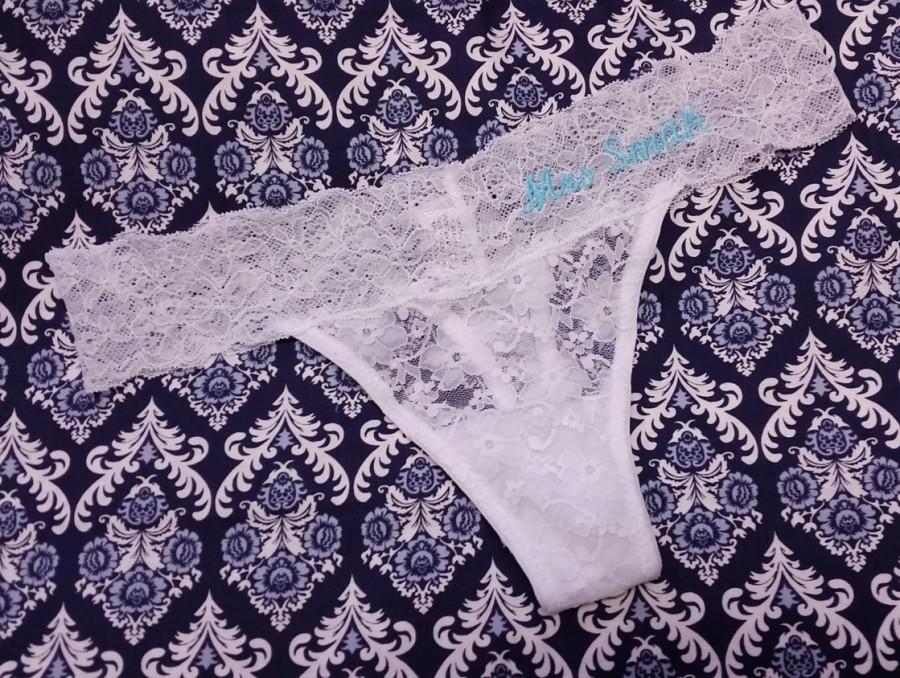 Hochzeit - Personalized Mrs white lacy Thong, g-string, lacy wedding underwear