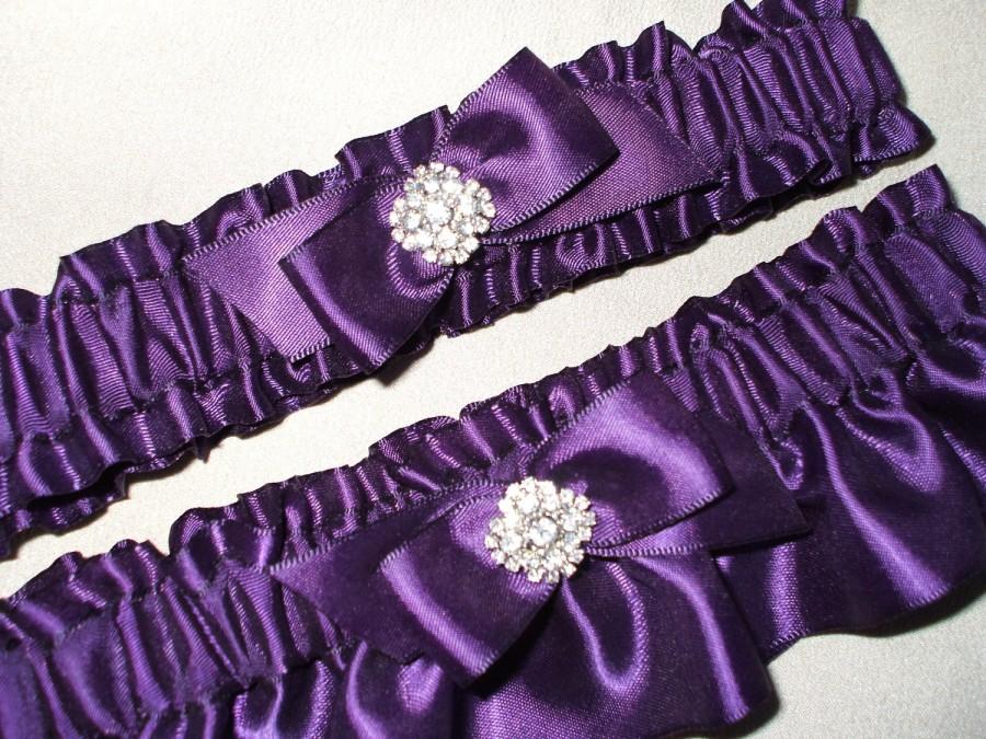 Hochzeit - Garter Deep Dark Purple Eggplant Diamond Shaped Bling Rhinestone Accent Bridal Garter Set