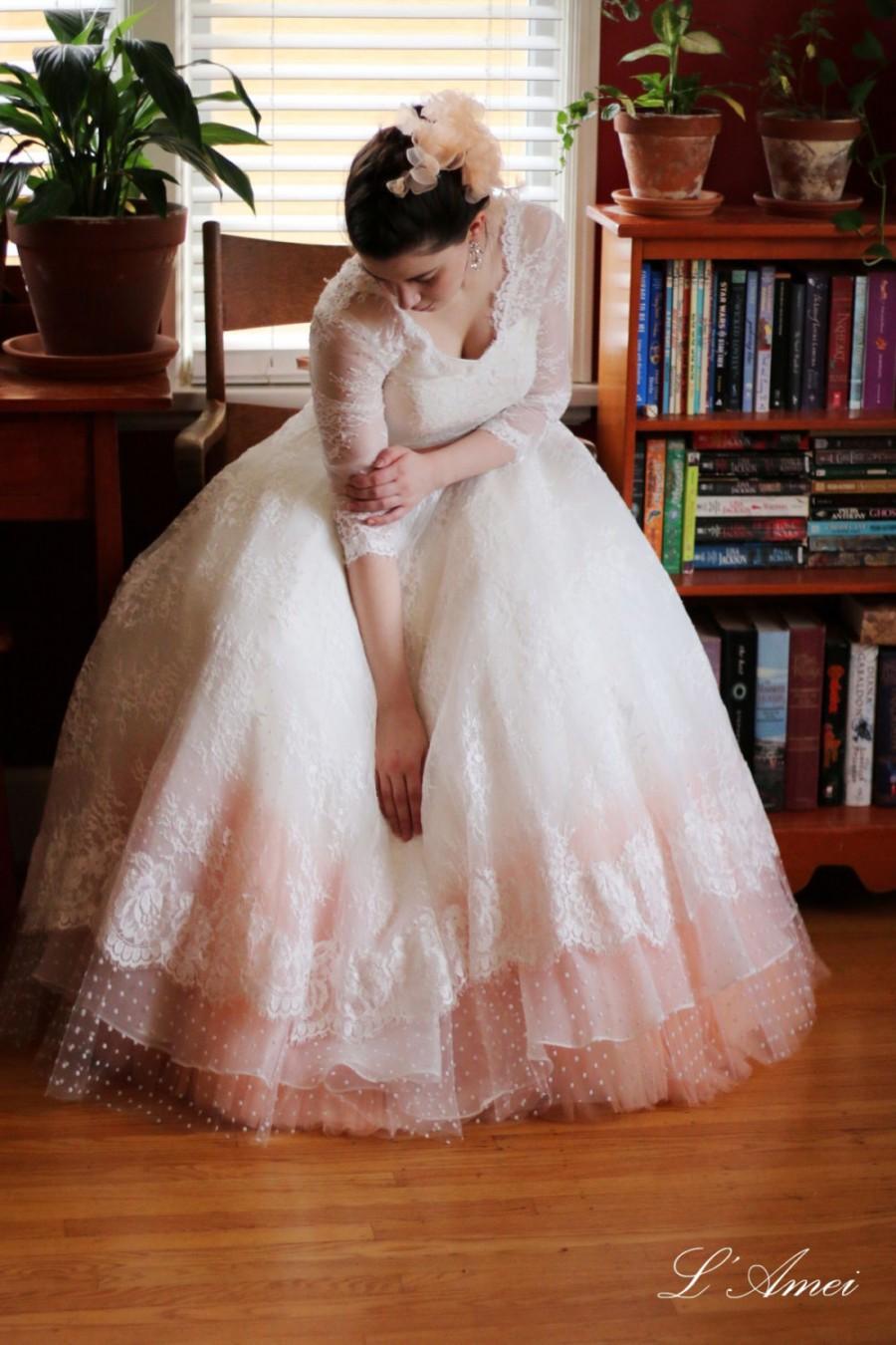 Wedding - Custom Made Soft Lace Classical Blush Wedding Gown with V Neckline and Stylish Polka Dots