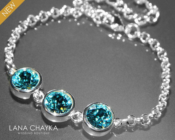 زفاف - Light Turquoise Crystal Bracelet Blue Teal Bridesmaid Bracelet Swarovski Light Turquoise Rhinestone Silver Bracelet Bridal Party Jewelry