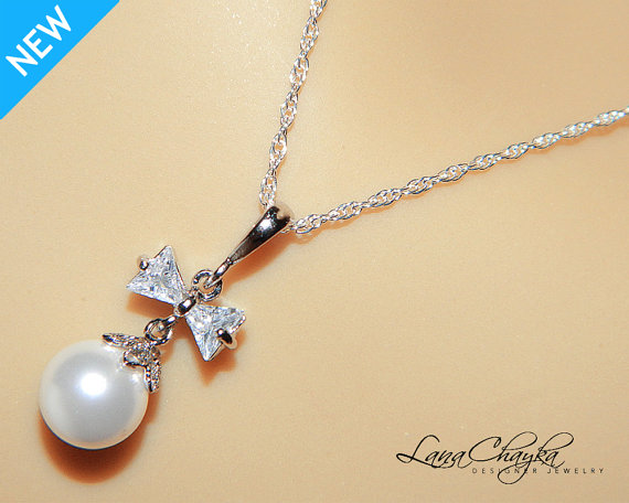 Mariage - White Pearl Flower Girl Necklace White Pearl Drop CZ Necklace Sterling Silver Pearl Wedding Necklace Swarovski Pearl Flower Girl Gift