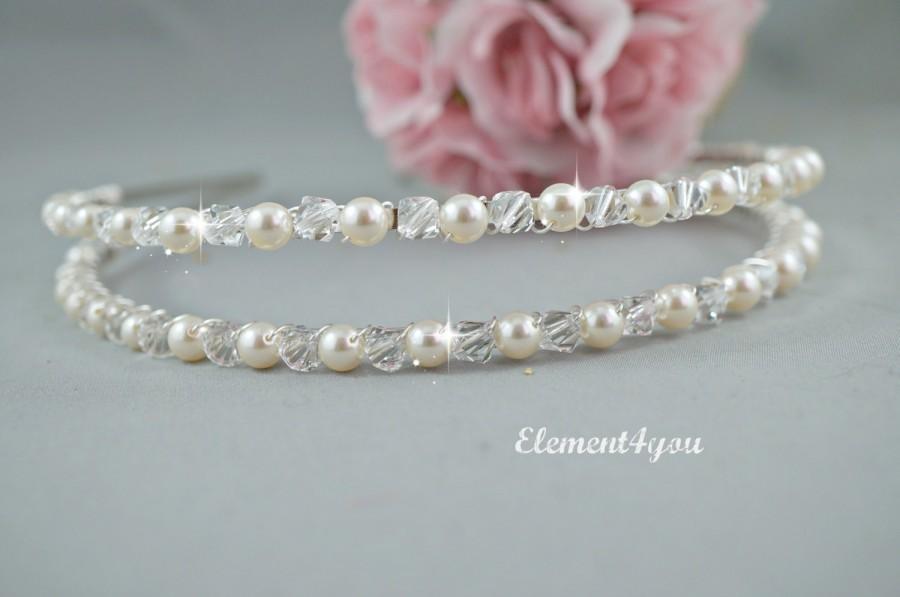 زفاف - Double row headband, 2 rows bridal headpiece, Pearls crystals headband, Wedding headband, Swarovski cream white pearls beaded band, Bridal