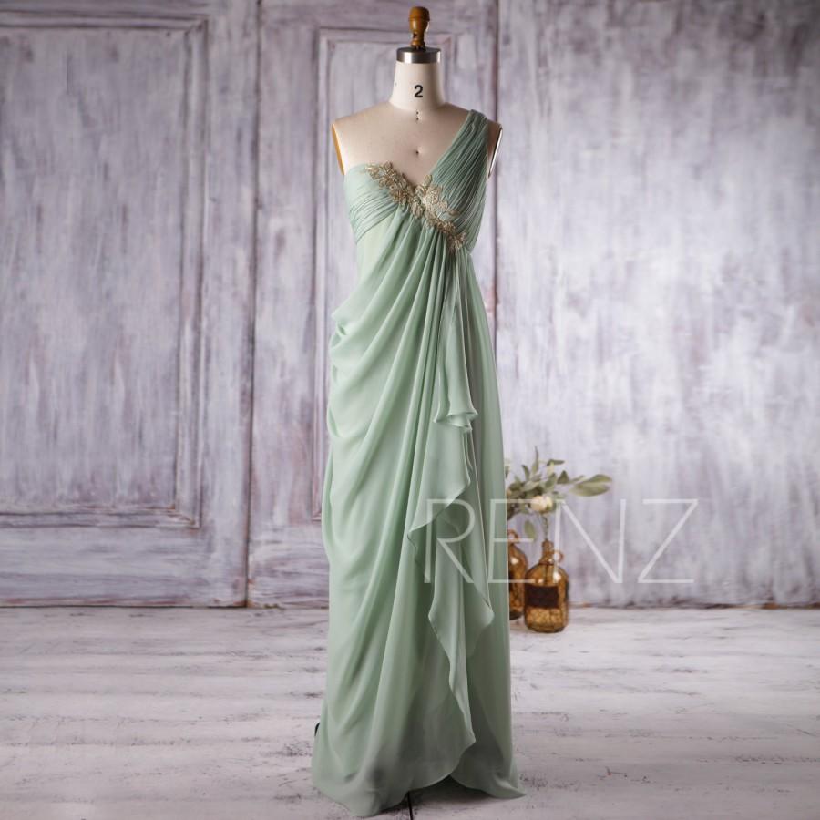 Свадьба - 2016 Dusty Shale Chiffon Bridesmaid Dress, One Shoulder Wedding Dress with Golden Lace, Asymmetric Draped Prom Dress Floor Length (H242)