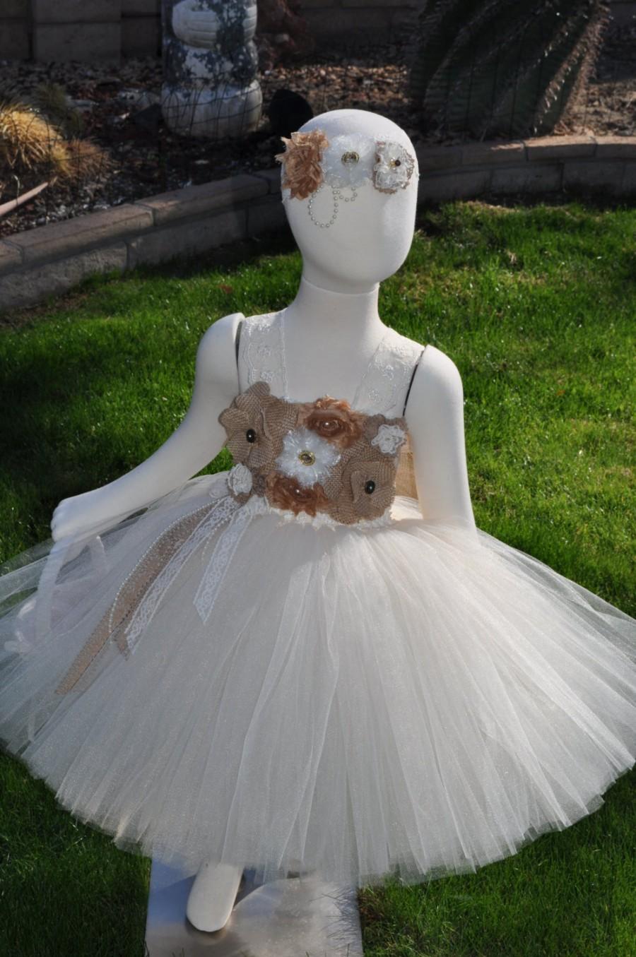Wedding - Rustic Flower Girl Dress,Vintage Inspired Girls Dress,Burlap Lace Girls Dress, Ivory Baby Tutu Dress, Ivory Lace Infant Dress, Country Dress