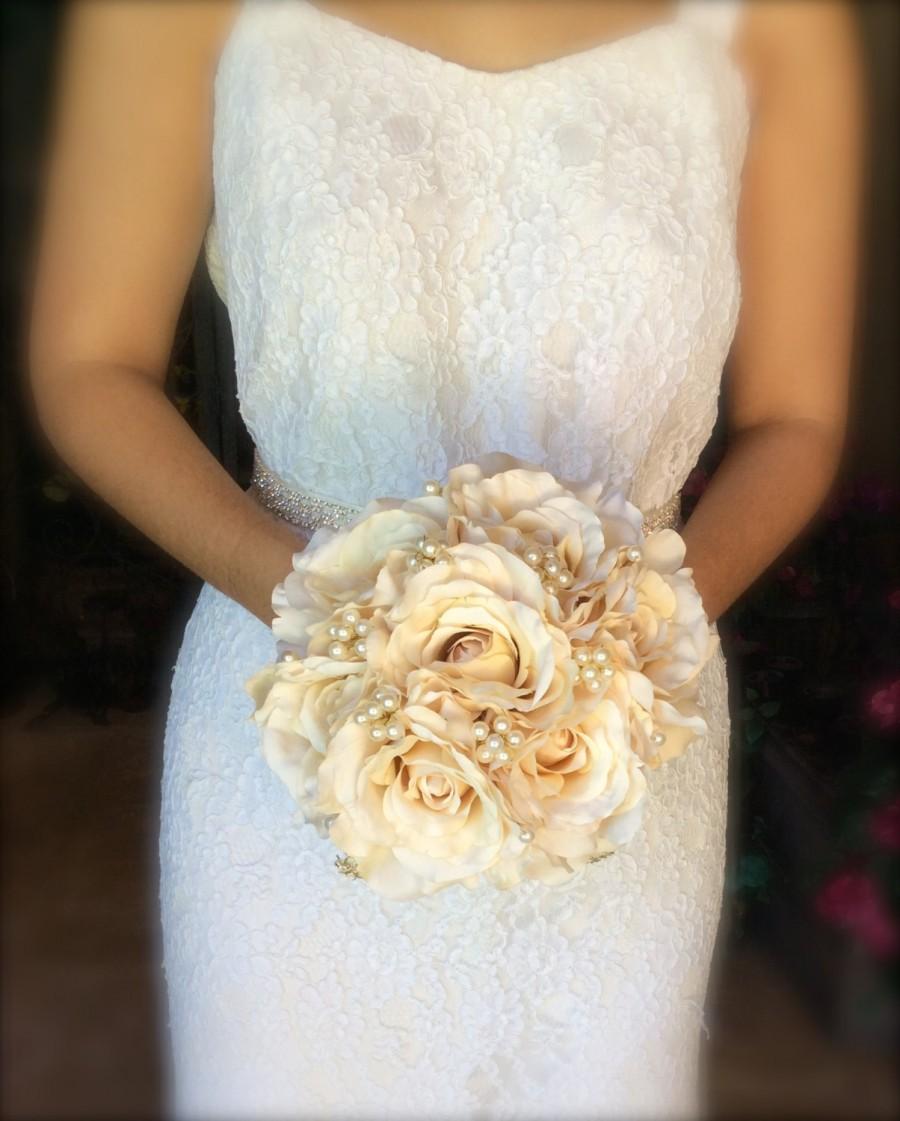 Mariage - ivory rose bouquet with pearls and gold lace vow renewal bouquet vintage inspired bouquet pearl bouquet