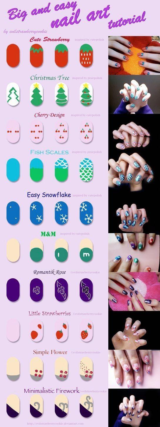 Свадьба - Tutorial Of A Bunch Of Simple Nail Art Designs By Evilstrawberrycookie From DeviantArt - Big Strawberry, Christmas Tree, Cherries (Cherry), Fish Scales, M, Romantik Rose, Small Strawberry (strawberries), Simple Flower, Minimalistic Firework
