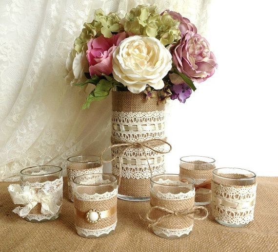 Свадьба - Burlap And Lace Covered Votive Tea Candles And Vase Country Chic Wedding Decorations, Bridal Shower Decor, Home Decor