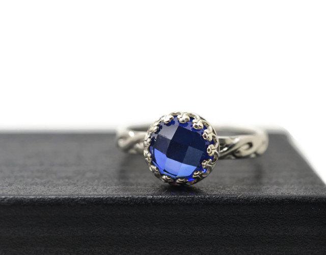 Wedding - 8mm Blue Sapphire Ring, Celtic Engagement Ring, Sterling Silver Ring, Sapphire Jewelry