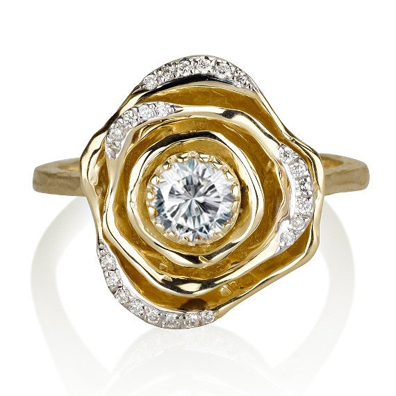 زفاف - 14k Yellow Gold Ring, Floral Ring, Flower Band, Promise Ring, Rose ring, Engagement Ring, Diamond ring, Flower ring,  Anniversary rings