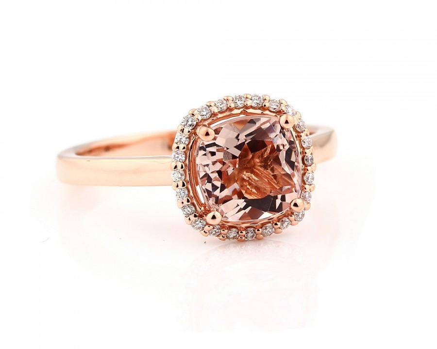 Hochzeit - 7mm Antique Cushion cut  1.55 ct  Natural  Morganite Solid 14K Rose Gold Diamond Engagement Ring - Gem843