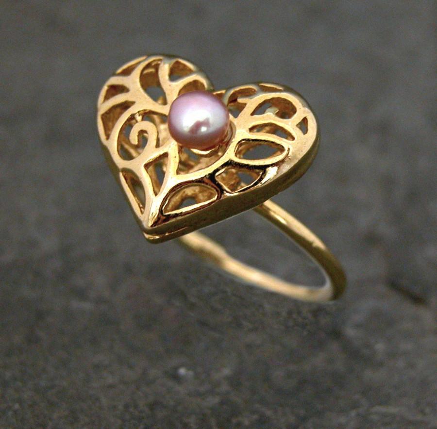 زفاف - Women's Gift, Wedding Ring, Gold Heart Ring, Heart Jewelry, Girlfriend Gift, Mother's Day Gift, Promise Ring, Gold Pearl Ring