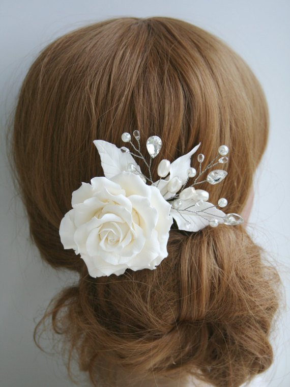 زفاف - Ivory Wedding Hair comb Wedding flower comb Ivory rose Wedding Hair flower Bridal hair comb Bridal headpiece